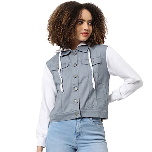 Image of Campus Sutra Women Grey & White Regular Fit Denim Jacket For Winter Wear | Collared Neck | Full Sleeve | Buttoned | Casual Jacket For Woman & Girl | Western Stylish Jacket For Women