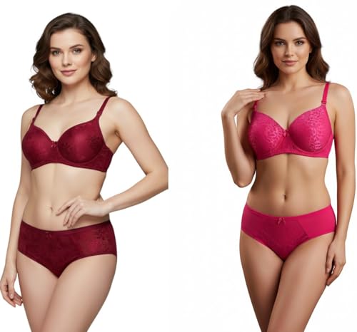 Image of Kinzie Elegant Floral Jacquard Lingerie Set, Grey Brown Maroon Bra and Brief, Comfortable Full Coverage Underwear Set, Padded Bra, Lingerie Set, Honeymoon Bikini Set,