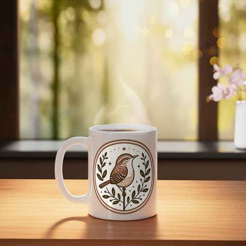 Taza de Cerámica Blanca con Diseño de Pájaro Wren miniatura 3