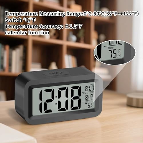 Image of Jamboree!!! Digital Black Clock Large Display with Calendar for Home Office Travel Table Snooze Electronic LED Desktop Clock with Temperature