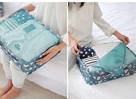 Image of 6 in 1 Polyester Secret Pouch Travel Bag Packing Cubes Laundry Bag with Undergarments & Cloth Storage Organizer Travelling Set /Suitcase Cloth Cube Bag (SKY FLAVER 6 in 1 Travel Bag)