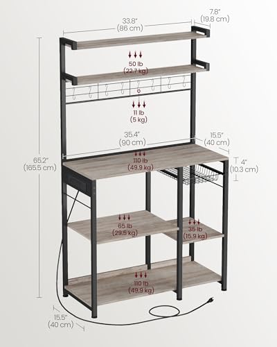 Image of VASAGLE Bakers Rack with Power Outlet, 35.4 Inches Microwave Stand, Coffee Bar, 4 AC Outlets, with Adjustable Shelves, 8 S-Hooks, Basket, Spice Racks, Heather Greige and Ink Black UKKS031K02