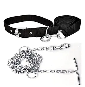 Woofy Combo of Collar Leash and Chain Dog Belt with Silver Color Dog Chain Dog Collar & Chain Medium Size Dog Collar Width 20 MM (Black)