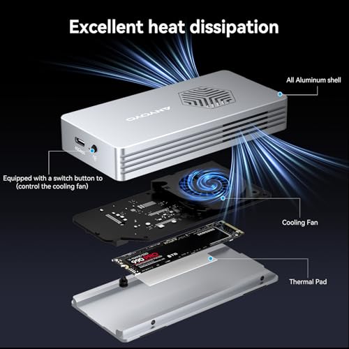 ANYOYO 40Gbps M.2 NVMe SSD Enclosure with Cooling Fan, Aluminium Alloy Enclosure Compatible with Thunderbolt 4/3/USB4, Support M/B+M Key SSD, Tool-Free Installation - Image 4