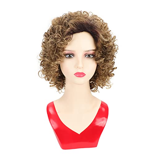 Renershow Short Brown Curly Wigs For Women Mixed Blonde Synthetic Wig Bouncy Curly Hair Replacement Wig Ombre Curly Wig With Dark Roots #TOP1