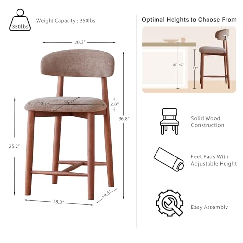 Image of Solid Wood Bar Stools Set of 2,25'' Coffee-Colored Counter Height Bar Stools，Made Solid Wood and Fabric, Ideal for Kitchen Islands and Home Bars