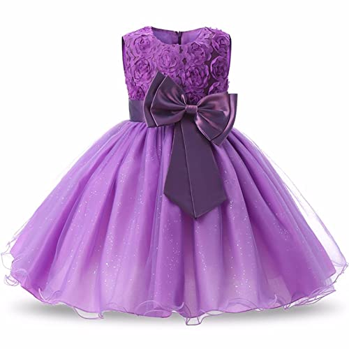 Acecharming Toddler Girls Dress, Purple 3D Rose Bow-Knot Sleeveless Tutu Tulle Girls Kids Dress for Graduation Wedding Bridesmaid Pageant Ball Gowns Birthday Party Dress for Girls 7-8 Years