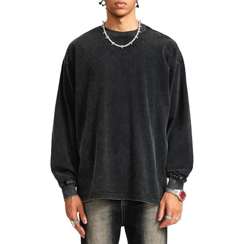 Tuislay Vintage Oversized T Shirts for Men Cotton Baggy Crewneck Streetwear Sweatshirt Acid Wash Long Sleeve Tee Shirts Top2