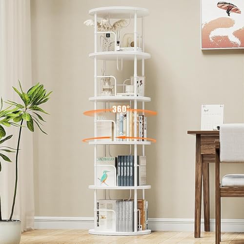 Generisch 360° Drehbares Bücherregal, Bodenstehendes Bücherschrank Aus Holz, Bookshelf Mit 5 Ebenen, Verstellbare Ebenen, Standregal, 45×45×160cm, Weiß
