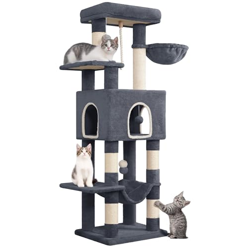 Hzuaneri Arbre à Chat Hauteur 149 cm, Tour de Jeux pour Chats, Griffoir avec Grandes Plateformes, 5 Poteaux à Griffer, 3 Pompons, 1 Hamac, 1 Niche, Multi-Niveaux, Gris Foncé MS14918SG
