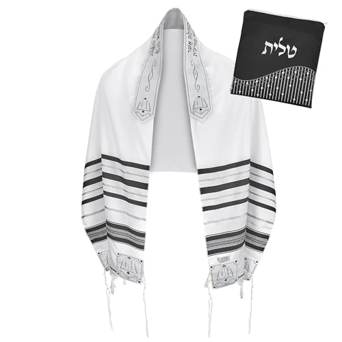 Zion Judaica Tallit   Chal de oración con bolsa Talit certificado Kosher Talis Gadol con certificado Tzitzit Israel importación, Negro Plata, 36