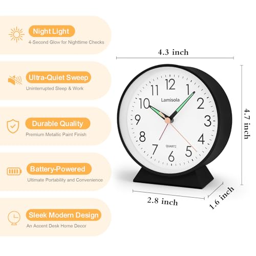 Image of 4.5 Inch Small Silent Analog Alarm Clock, Retro Battery Operated Desk Clock with Night Light Stays On 4 Seconds Vintage Metal Table Clock for Bedside, Nightstand, Bedroom, Office, Bathroom - Black