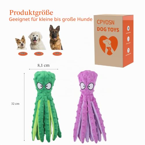CPYOSN Hunde-Quietschspielzeug Krake, kein stopfendes Crinkle-Plüsch-Hundespielzeug für das von Welpen, langlebiges interaktives Hundekauspielzeug für das Kleiner und mittlerer Hunde (Lila+Grün)