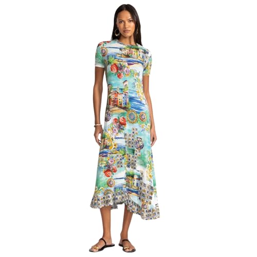 Johnny Was Janie Favorite Christy Asymmetric Hem Short Sleeve Dress Floral Green Blue New