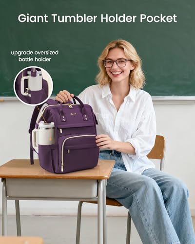 Image of LOVEVOOK Laptop Backpack for Women with Giant Tumbler Holder Pocket,18 inch Waterproof Travel Backpack Purse Computer Laptop Bag,Professional Work College Nurse Teacher Backpack Daypack,Rose Purple