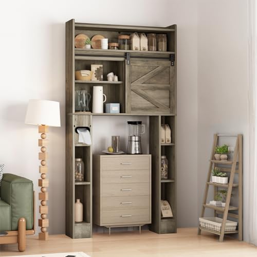 Over The Toilet Storage Cabinet, 32.5'' Wide Bathroom Storage Cabinet with Sliding Barn Door, Freestanding Over Toilet Storage Shelf, Grey