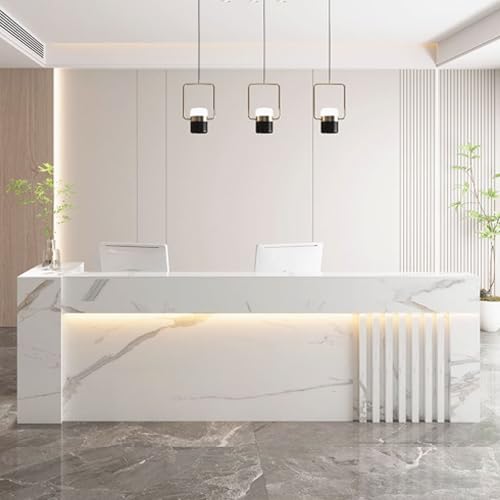 Image of Modern Reception Desk with Stool Sleek Office Counter Table for Beauty Salons & Clothing Stores Soft LED Lighting White Finish 1m Long Stylish & Functional
