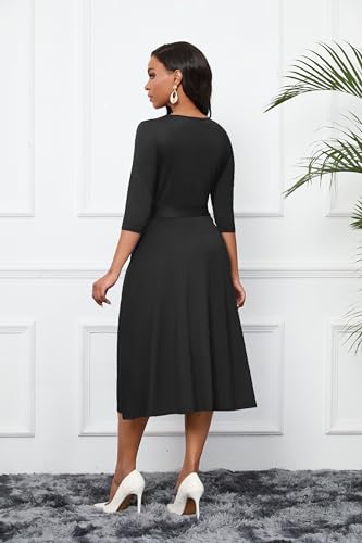 Image of CLOCOR Midi Dresses for Women Casual A-Line Fit and Flare Dress Crewneck 3 /4 Sleeve Keyhole Cocktail Party Church Dress