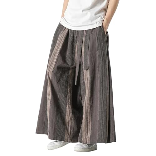Men Striped Cotton Linen Wide-Leg Pants Retro Chinese Style Male Casual Joggers Trousers