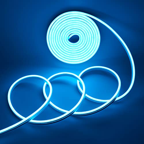 Image of YM E-Bright Led Neon Strip Lights 12V Rope Silicone Indoor Outdoor 16.4Ft 600SMD Waterproof Flexible for Signboard Bar Home Kitchen Bedroom Party Holiday Art Decoration, Ice Blue(No Power Adapter)