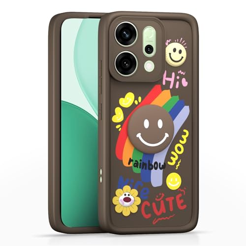 Image of Pikkme Back Cover for Oppo Reno 14 5G | Soft Silicone| Cute Rainbow Smile & 3D Cartoon Flower Design | Shockproof Raised Camera Protection Bumper Case (Brown)