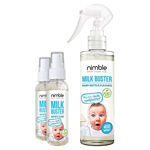 Nimble, Milk Buster, 1x 200ml & 2X Travel 60ml, Baby Bottle Cleaner for Cleaning Baby Bottles, Brushes & Accessories, Removes Milk Residue, Fragrance Free, Plant-Based Eco-Friendly Cleaner Cover