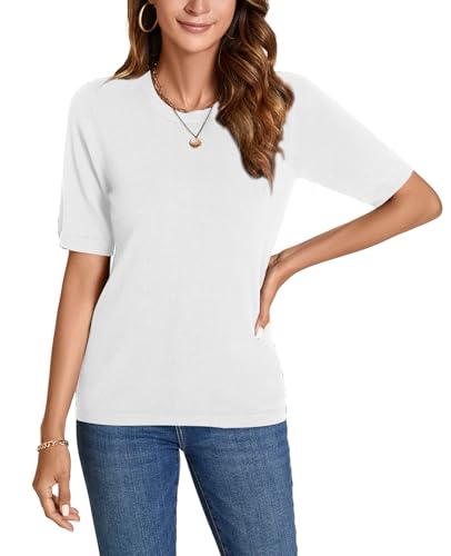 Image of Womens Short Sleeve Sweaters Tops Crew Neck Pullover Shirt Lightweight Knit Sweater Blouse