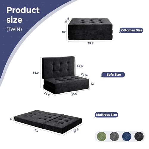 Image of MAXYOYO 6 inch Folding Sofa Bed for Floor, Tufted Tri-Fold Floor Mattress with Chenille Fabric, Twin Size Portable Sofa Couch Guest Mat for Adults, Foldable Topper for Camping, Black, 35.4 inchx75 inch