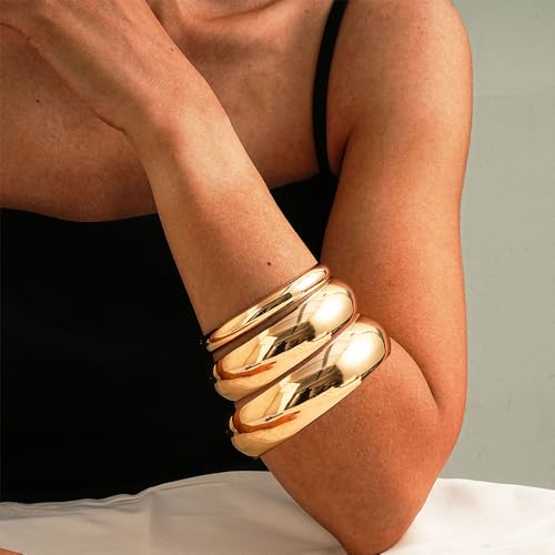 3 Pieces Gold Chunky Bracelets for Women Golden Bangles for Women Punk Style Wide Chunky Cuff Bracelets Stack2