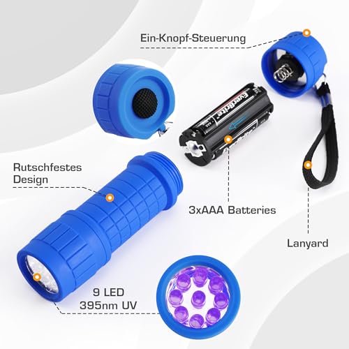 EverBrite Mini UV Taschenlampe 6 Stück, 395nm Schwarzlicht Lampe mit 18 AAA Batterien, Ultraviolettes Licht Haustier Urin Detektor für Hunde und Katzen, Geldscheinprüfer