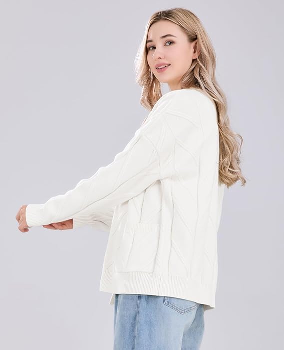 Image of utcoco Womens Open Front Cardigan Cable Knit Long Sleeve Button Down Embroidery Cardigan Sweaters