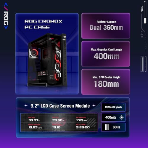 Image of ASUS ROG Cronox ARGB Gaming PC Case, x4 ARGB Fans, Curved Tempered Glass, GPU's up to 400mm, BTF Compatible, 9.2 inch Screen