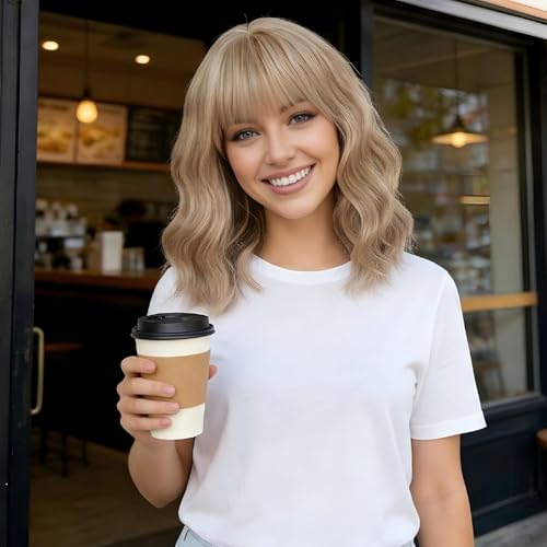 Image of AGO Mixed Blonde Bob Wavy Wigs with Bangs, Short Grey Blonde Bob Wig Loose Wave Synthetic Hair Heat Resistant Fiber Synthetic Wig for Daily Party Halloween Cosplay Use(Mixed Blonde)