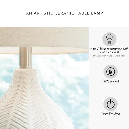 Signature Design by Ashley Rainermen Casual Ceramic Table Lamp, Transparent White Glaze Finish, Drum Hardback Fabric Shade, 11" W x 11" D x 21" H, Off White - Image 5