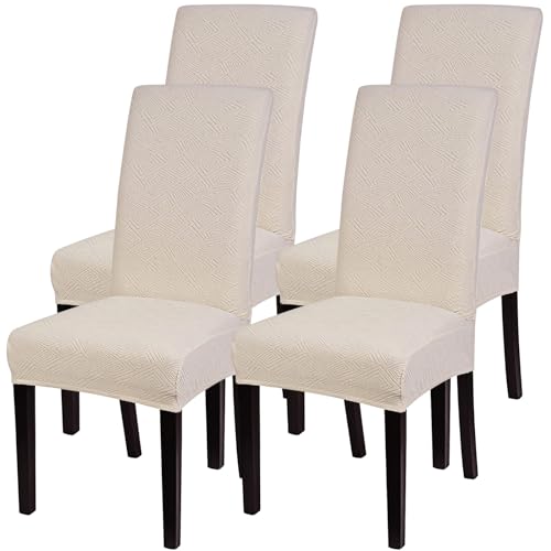 Image of SearchI Jacquard Dining Room Chair Covers Set of 4, Stretch Kitchen Chair Covers Washable Parsons Chair Slipcover Removable Dining Chair Protectors for Hotel,Ceremony(Beige)