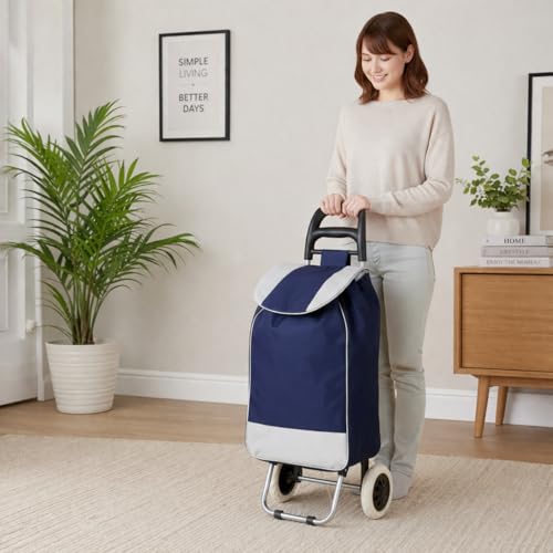 Image of KriShyam Heavy Duty Folding Shopping Trolley Cart | Portable Grocery Cart with Wheels | Durable Fabric Bag with Large Capacity | Lightweight & Easy to Carry (2 Wheel Navy)