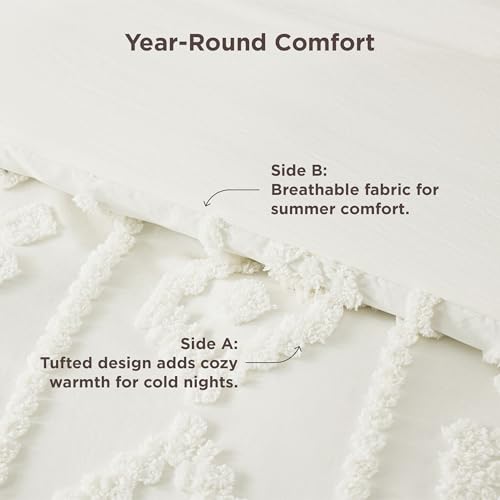 Image of Bedsure Boho Tufted White Comforter Set Queen Size, GentleSoft 3 Pieces Boho Farmhouse-Style Decor Bedding, Exquisite Bedding for All Seasons, 1 Bed Comforter, 2 Pillow Shams, 90x90 Inches