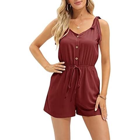 FISACE Womens Tie Shoulder Rompers V Neck Sleeveless Elastic Drawstring Shorts Soft Loose Beach Outfits Cover
