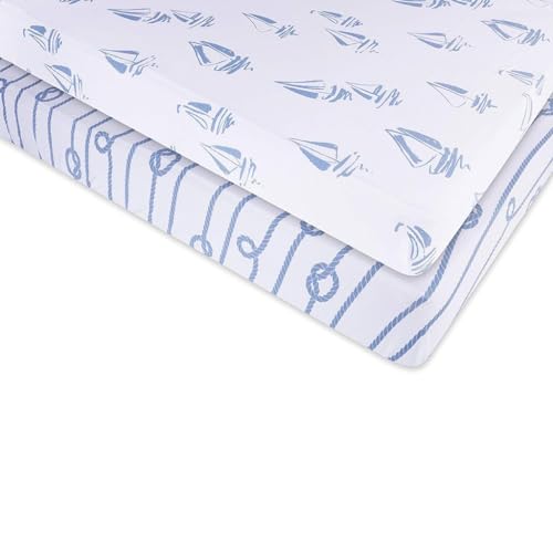 Image of Pack N Play Portable Crib Sheet Set 100% Jersey Cotton 2 Pack - Dusty Blue Nautical Print
