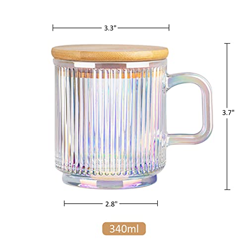Joeyan Iridescent Glass Coffee Mugs Set Of 2-11.5 Oz Striped Coffee Cups With Lid - Large Drinking Glasses With Handle For Latte, Coffee, Tea, Milk, Juice #TOP5
