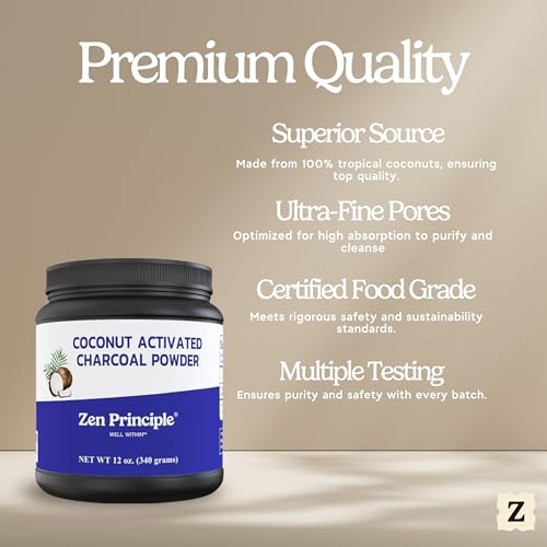 Image of Zen Principle Coconut Activated Charcoal Powder. Whitens Teeth, Rejuvenates Skin and Hair, Supports Better Digestion. USA-Owned Producers, Free Scoop, 12 Oz