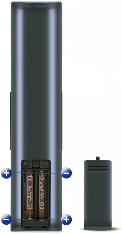 Back view of the remote control with battery compartment open, showing battery insertion