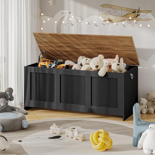 HOOBRO Storage Bench, 39.3" Retro Wooden Storage Chest, Wooden Storage Trunk, Toy Chest with Lift Top, Multifunctional Entryway Organizer, for Entryway, Living Room, Black and Walnut BH141CW01 - Image 3