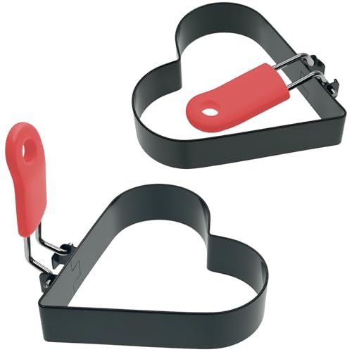 3.5" Heart Egg Cake Ring with Silicone Handle, Egg Cooking Rings for Fried Heart Shaped Egg, English Muffins, Small Pancake, Set of 2 with Silicone Oil Brush