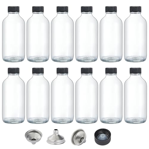 4 OZ Glass Bottles with Lids, 12Pcs Small Glass Containers with Lids and 3 Stainless Steel Funnels Clear Reusable Decorative Bottles for Juice Wellness Ginger Shots Whiskey Homemade Vanilla (4OZ)