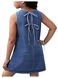 OYOANGLE Girl's Cute Bow Tie Short Denim Dress Crewneck Sleeveless Flared A Line Dress Blue 11Y