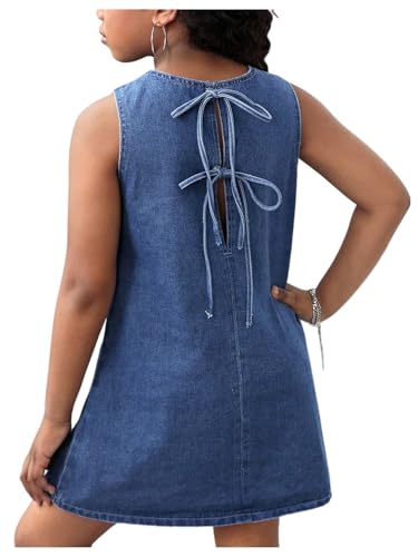 OYOANGLE Girls Cute Bow Tie Short Denim Dress Crewneck Sleeveless Flared A Line Dress Blue 11Y