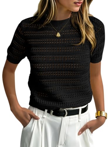 Image of Saodimallsu Womens Short Sleeve Crochet Sweaters Summer Boho Pullover Tops