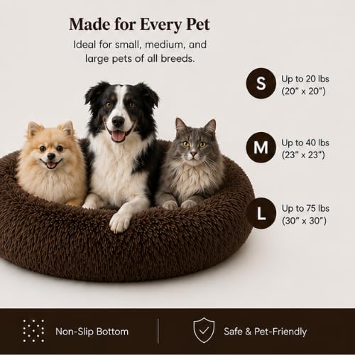 Image of Premium Small Dog & Cat Bed, Calming Plush Round Pet Bed with Raised Rim, Anti-Slip Base & Washable Design (Brown)