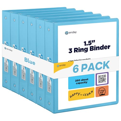 3 Ring Binder Blue, 1.5 Inch Clear View Cover with 2 Inside Pockets Binder, Colored School Supplies 1 Â½ Inch Round Ring Binders, Also Available in Red, Pink, Purple, Green, and Grey (6 PC) â€“ by Enday